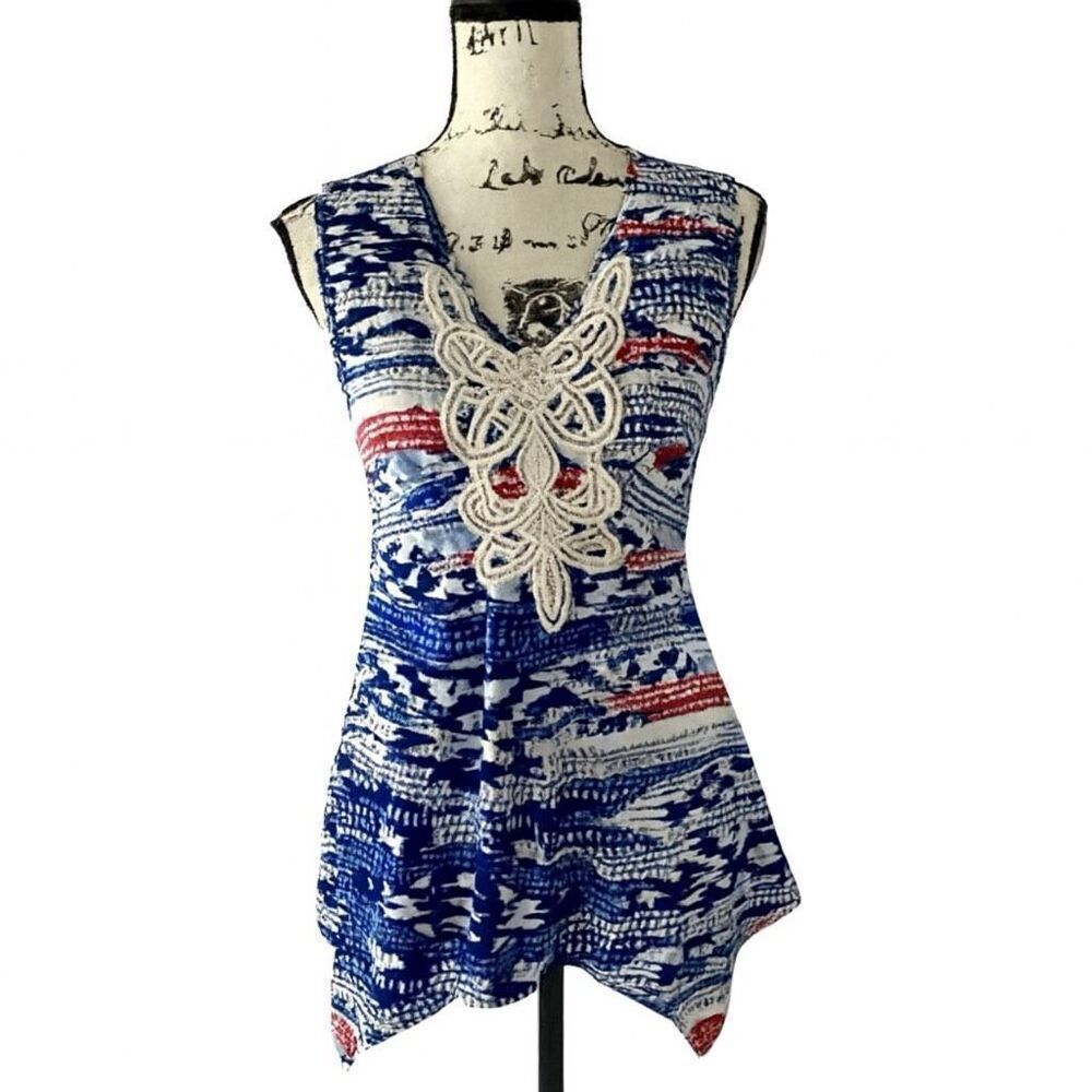 NY Collection Sleeveless Blouse Sz S Blue White Red Crochet Front Asymmetrical H